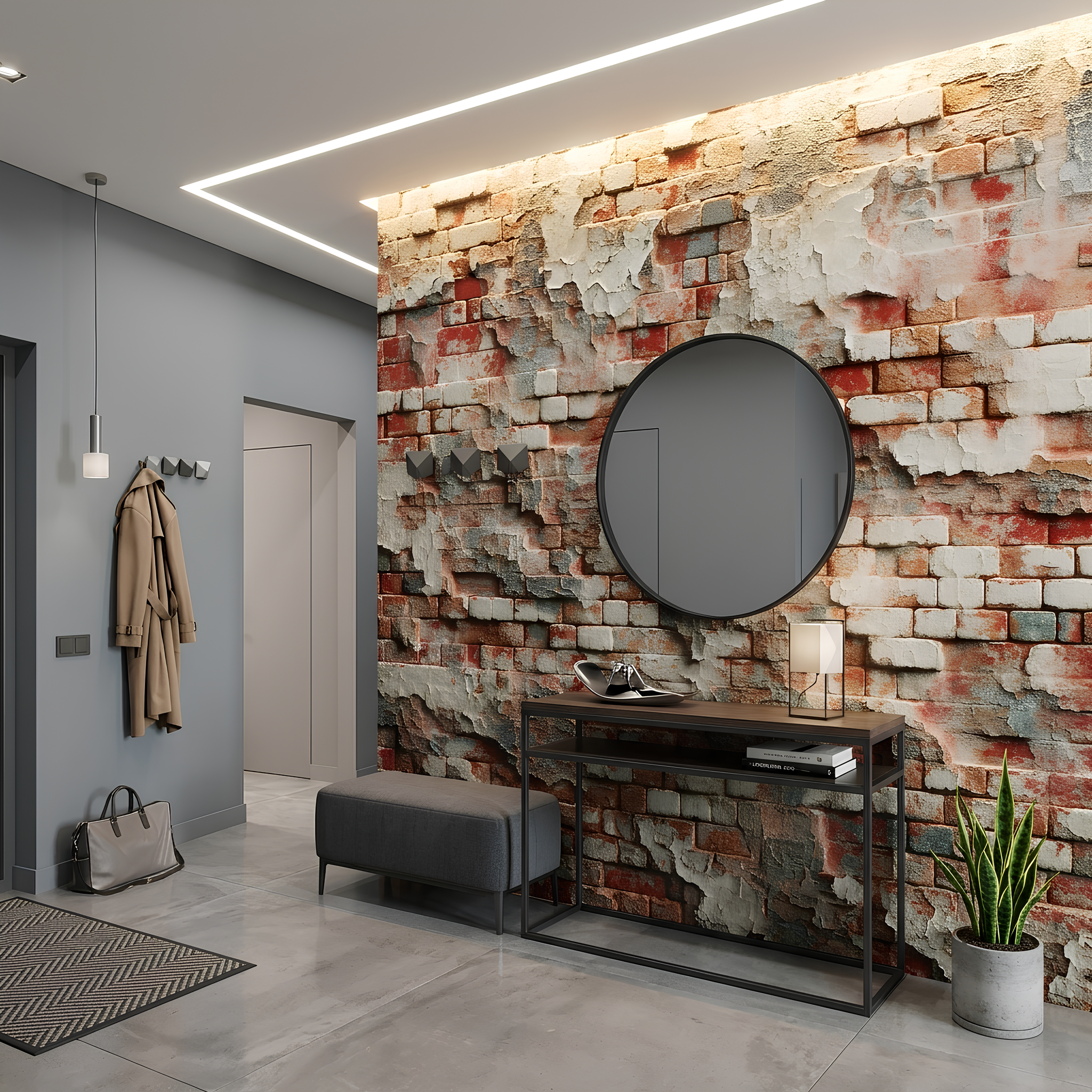 Realistic aged stone and brick effect wallpaper behind a living room TV