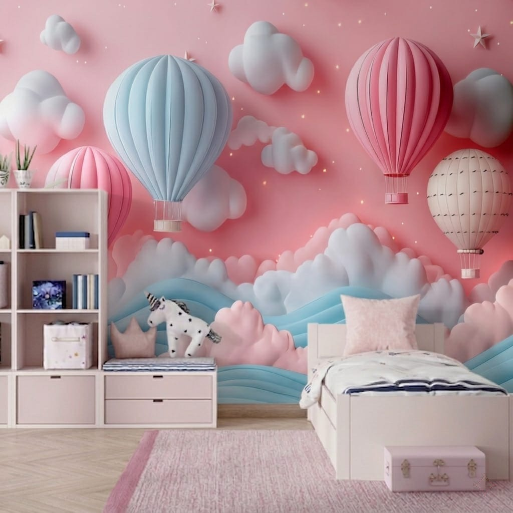 Pembe Gökyüzü, Bulutlar ve Uçan Balon Desenli Duvar Kağıdı